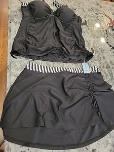 Yonique Womens black Stripe Tankini Swimsuit Skirted Bathing 2 Piece, XXL NWT - Picture 1 of 19