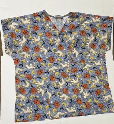 Women's Size Large Fun Halloween Scrub Top - Ghosts, Moon, Bats, Cats, Pumpkins - Image 1 of 4