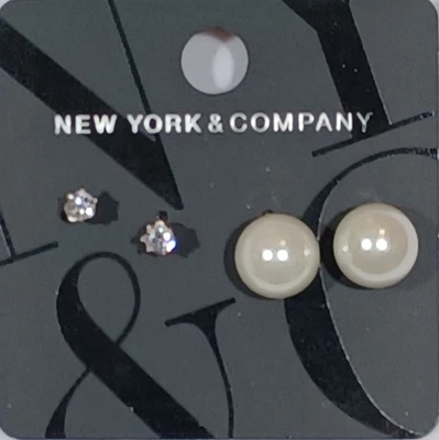全新带标签 New York & Company 2 对耳环钻石切割耳钉,1 人造珍珠耳钉 — 第 1/2 张图片