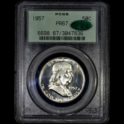 1957 MEIO DÓLAR PROVA FRANKLIN ✪ PCGS PR-67 CAC ✪ MOEDA DE PRATA 50C ◢CONFIÁVEL◣ - Imagem 1 de 4