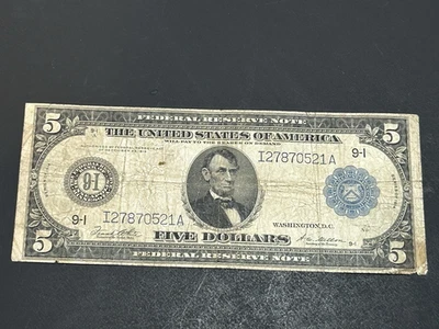 1914 $5 Federal Reserve LARGE Note US Bill LOW Shipping!!! - Image 1 of 2