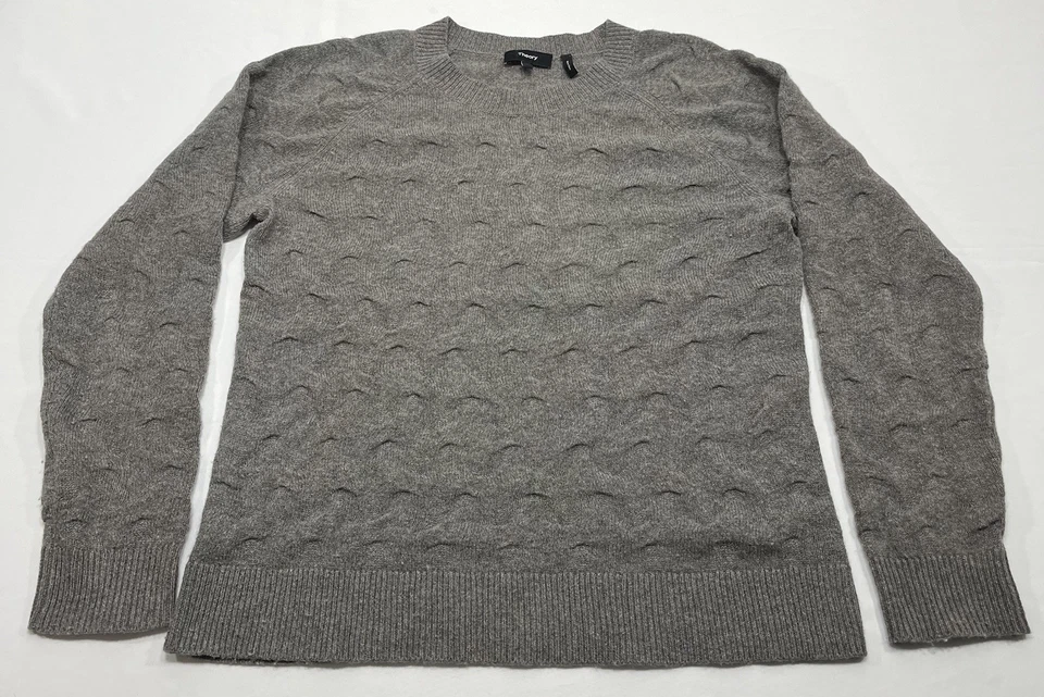 Suéter feminino Theory gola redonda bege cor cinza 100% cashmere tamanho grande FLAW - Imagem 1 de 4