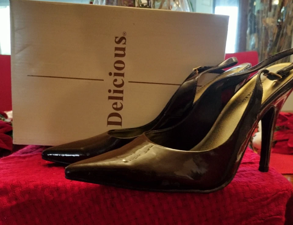 Вкусный, темно-коричневый искусственной лакированной кожи заостренный носок Stiletto слинга насосы - Изображение 1 из 4