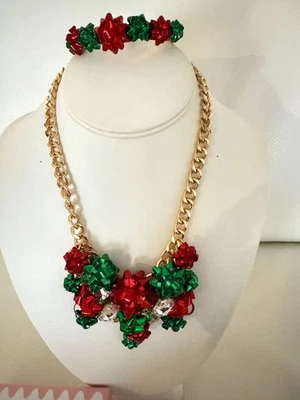 Colar e pulseira declaração de Natal Betsey Johnson novo com etiquetas presente arco cristal - Imagem 1 de 4