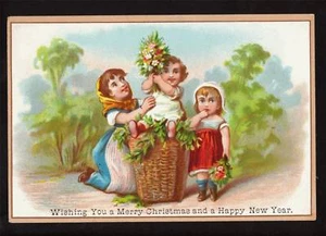 tarjeta de navidad victoriana niños recogiendo flores - Imagen 1 de 1