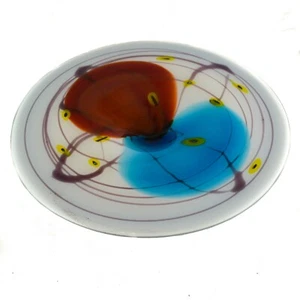 Art Glass Large Vintage Table Dish Red White Blue Yellow Hand-Blown Drizzle - Picture 1 of 12