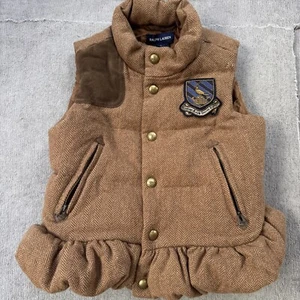 Polo Ralph Lauren Puffer Vest Girls 5 Brown Down Herringbone Tweed School Crest - Picture 1 of 10