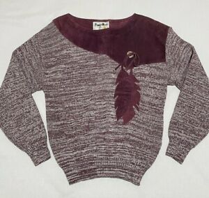 Vintage Pioneer Wear Purple Suede Trim Feather Sweater Womens Sz Medium
