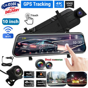 4K Dash Camera Front and Rear Mirror Dash Cam Built-in WiFi GPS Voice for Cars