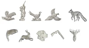 English Pewter Lapel Coat Hat Pin Badge pheasant fish shooting hare grouse dog - Picture 1 of 11