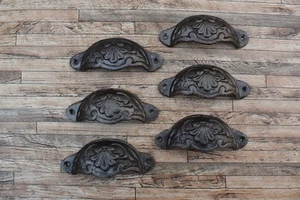 6pcs Vtg Cast Iron Door Gate Cabinet Drawer Kitchen Decor Cup Bin Pulls Handles - Picture 1 of 8