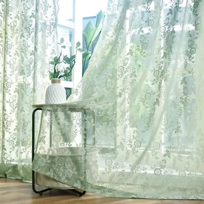 Sage 绿色花边窗帘 45 英寸长 2 面板套装乡村风叶花卉 Patte... — 第 1/4 张图片