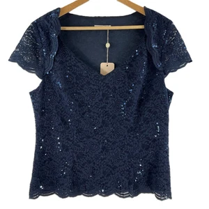 Jacques Vert Navy Lace Sequin V-Neck Short Sleeve Top L - Picture 1 of 5