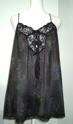 De Colección Años 70 Vassarette Camisón Vestido Sin Mangas Negro Floral Talla-S Foto 1 de 4