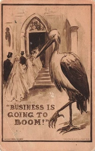STORK AT GROUP WEDDING BUSINESS GOING TO BOOM 1910 COMIC POSTCARD 071025 U - Imagen 1 de 2