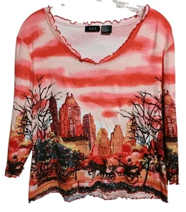 RQT Stretch Knit Top Horse And Buggy New York Pullover Orange Black Beaded XL - Picture 1 of 12