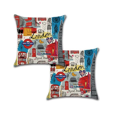 HOLIDAY DEPOT Set of 2 Pillow Covers 18x18, London Town Retro Design Linen Fabric 45x45cm
