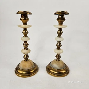 Vintage Pair Brass and Marble Candlesticks, approx. 10" Tall - Picture 1 of 6