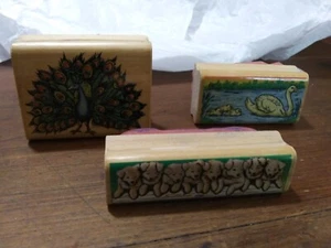 3 Wood Mounted Rubber Stamp Sets Mixed Themes Swan Puppys Peacock m/s - Picture 1 of 2