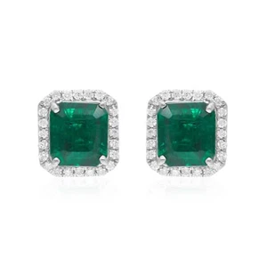1.89 TCW Zambian Emerald Lab Grown CVD Diamond Stud Earrings Gift 14k White Gold - Picture 1 of 5
