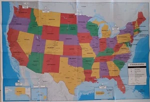 USA Wall Map United States Maps America Cities State Borders/Capitals Time Zones - Picture 1 of 5