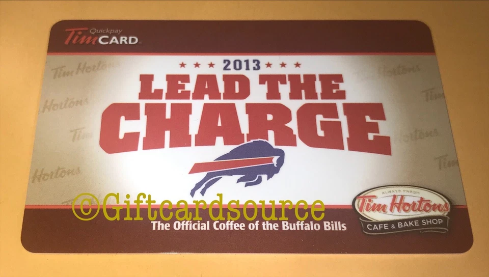 2013 TIM HORTONS LEAD THE CHARGE GIFT CARD BUFFALO BILLS NFL 0 VALUE FD35058 NEW - Image 1 of 2