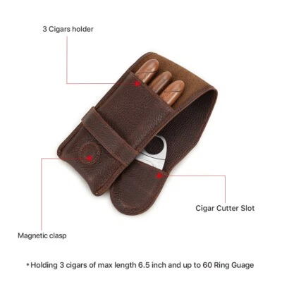 Leather Cigar Pouch Humidor Holder For 3 Cigars Travel Portable Father's Day - Image 1 of 4