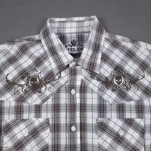 Helix Men's Button Embroidered Brown Skulls Chest Pockets Shirt Plaid Size Large - Picture 1 of 10