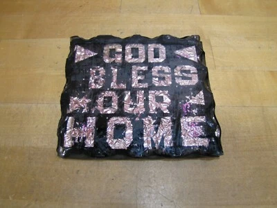 GOD BLESS OUR HOME Old Folk Art Chip Glass Foil Tin Religious Art Plaque Sign - Image 1 of 4