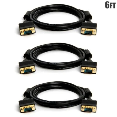 3 Pcs 6FT VGA SVGA HD15 Male to Male PC Monitor Video Cable Gold Plated Black - Image 1 of 4