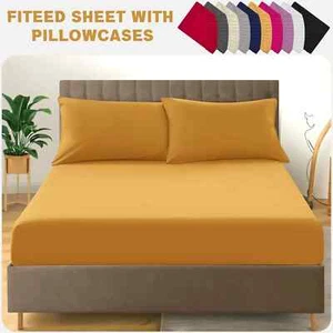 Fitted Sheet Full Queen & Pillowcase Deep Pocket Elastic Fitted Sheets Bed Sheet - Picture 1 of 42
