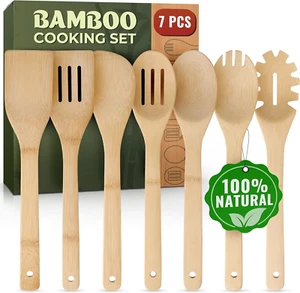 Bamboo Wooden Utensil Set - 7 Durable, Lightweight, Heat-Resistant Spoons - Picture 1 of 12
