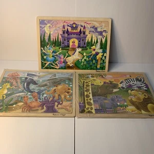 MELISSA & DOUG 3 WOODEN JIGSAW PUZZLES UNDER THE SEA FAIRY FANTASY AFRICAN PLAIN - Picture 1 of 5