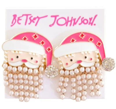 BETSEY JOHNSON SANTA CLAUS PEARL DANGLE BEARD RHINESTONE CHRISTMAS DROP EARRINGS - Image 1 of 4