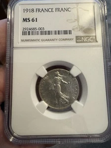 1918 France 1 Franc Silver Coin - Picture 1 of 3