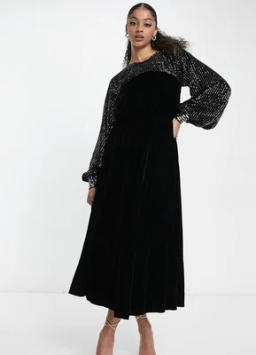 ASOS DESIGN 高抵肩镶嵌细节黑色天鹅绒中长连衣裙,英国 10,美国 6 — 第 1/4 张图片