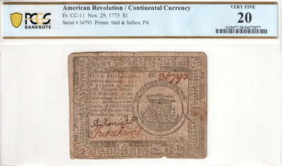 $1 Dollar American Revolution Continental Currency CC-11 Nov 29, 1775 PCGS VF 20 - Image 1 of 4