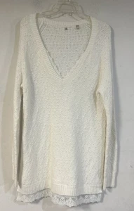 Anthropologie Knitted & Knotted Ivory Sweater L, Deep V, Lace Bohemian Angelic* - Picture 1 of 4