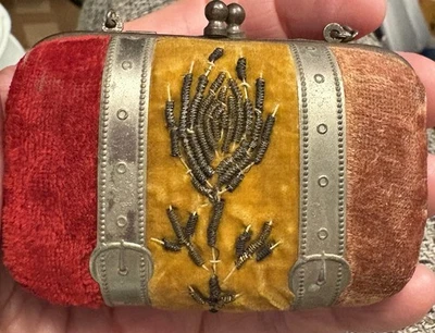 Vintage ART DECO Coin PURSE Doll Size TLC Beaded Thistle Metal Bands - Image 1 of 4