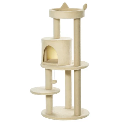 PawHut 104cm Cat Tree Condo Tower with Scratching Post Perch Ball, Cream - Image 1 of 4