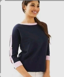 Suéter EEUC Talla XS Lilly Pulitzer Larabee, Azul Marino y Rosa, Mangas Corbatas, Cuello Barco - Imagen 1 de 7