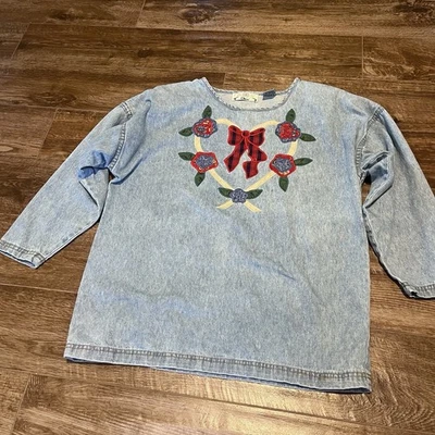Винтажная женская вышитая рубашка 90-х Orvis XL джинсовая ткань с цветочным рисунком аппликация США - Изображение 1 из 4