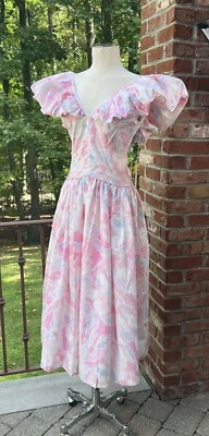 Vestido Floral Vintage Dessy Creations EE. UU. Años 80 RARO Floral Volantes Jardín Fiesta Foto 1 de 4