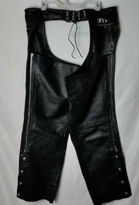 FMC Men XL Black Leather Motorcycle Chaps Zipper Buckle Over Pants 