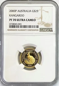 2000 GOLD AUSTRALIA 883 MINTED $25 KANGAROO 1/4 OZ COIN NGC PROOF 70 ULTRA CAMEO - Picture 1 of 2