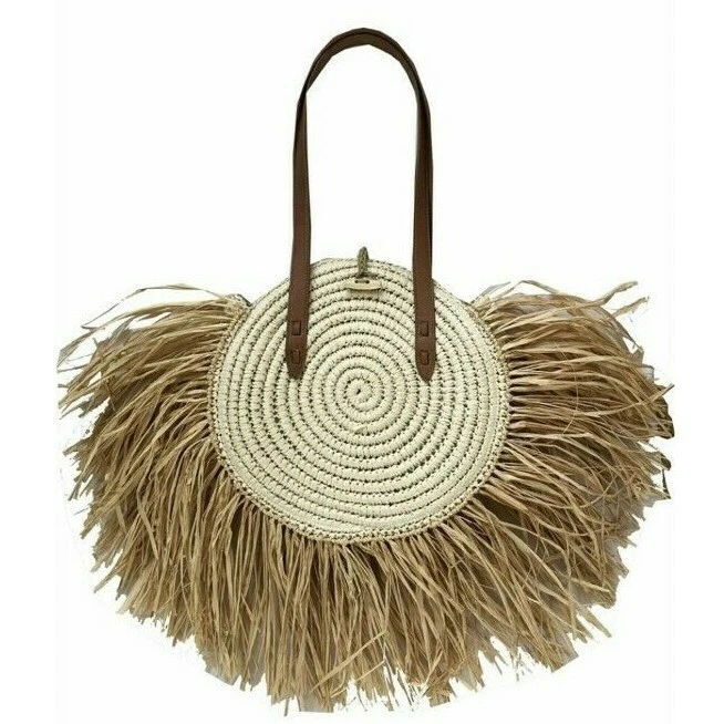 Inc International Concepts Melania Straw Fringe Circle Tote Handbag - Natural