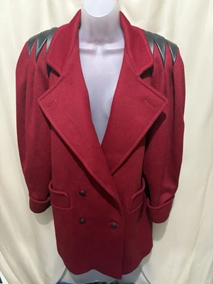 Jaqueta de lã vermelha vintage anos 80 Jules Miller Nova York acabamento em couro G - Imagem 1 de 4