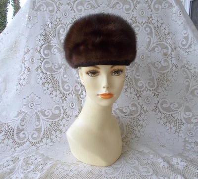 Vintage Dark Brown Ranch Mink Fur Pillbox Hat Union Made 20 1/2" - Image 1 of 4