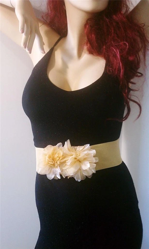 WOMEN ELASTIC WAIST SATIN FLOWERS YELLOW/ BEIGE FASHION BELT SIZES S M L - Image 1 of 1