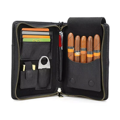 Genuine Leather Cigar Case Holder Travel Humidor Lighter Cutter Set Pocket Box## - Image 1 of 4
